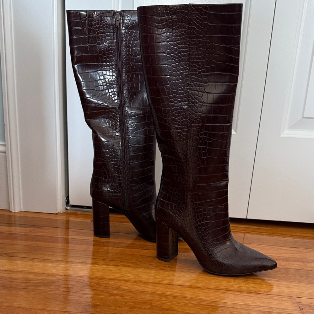 INC - Elegant Brown Croc-Embossed Knee-High Boots- New in Box